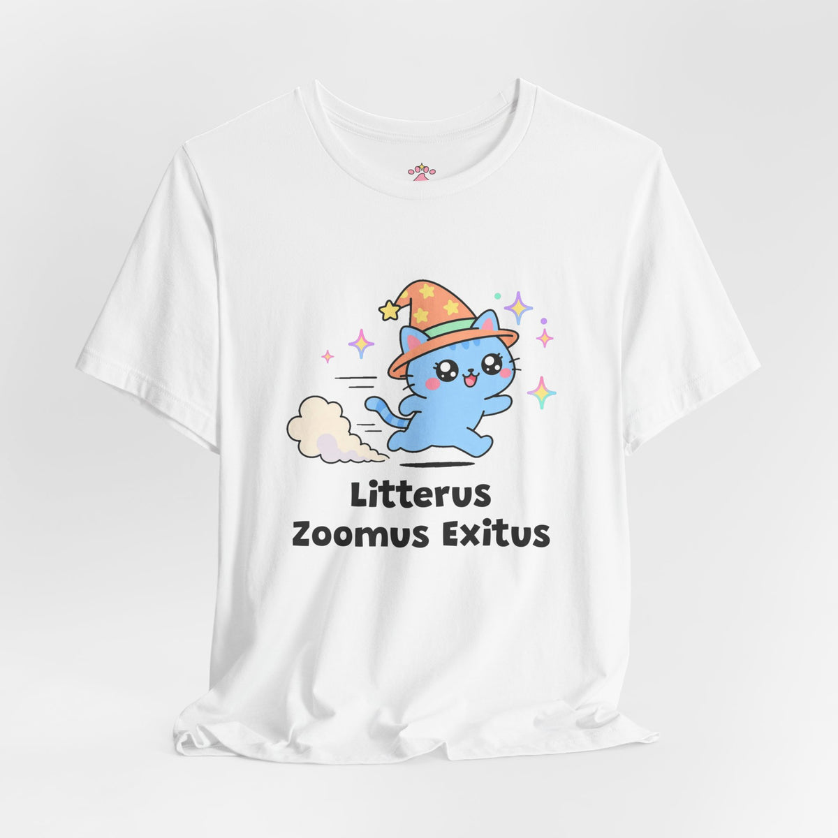 Blue wizard cat in an orange hat zooming away at top speed with a dust cloud trail behind it, Litterus Zoomus Exitus tee