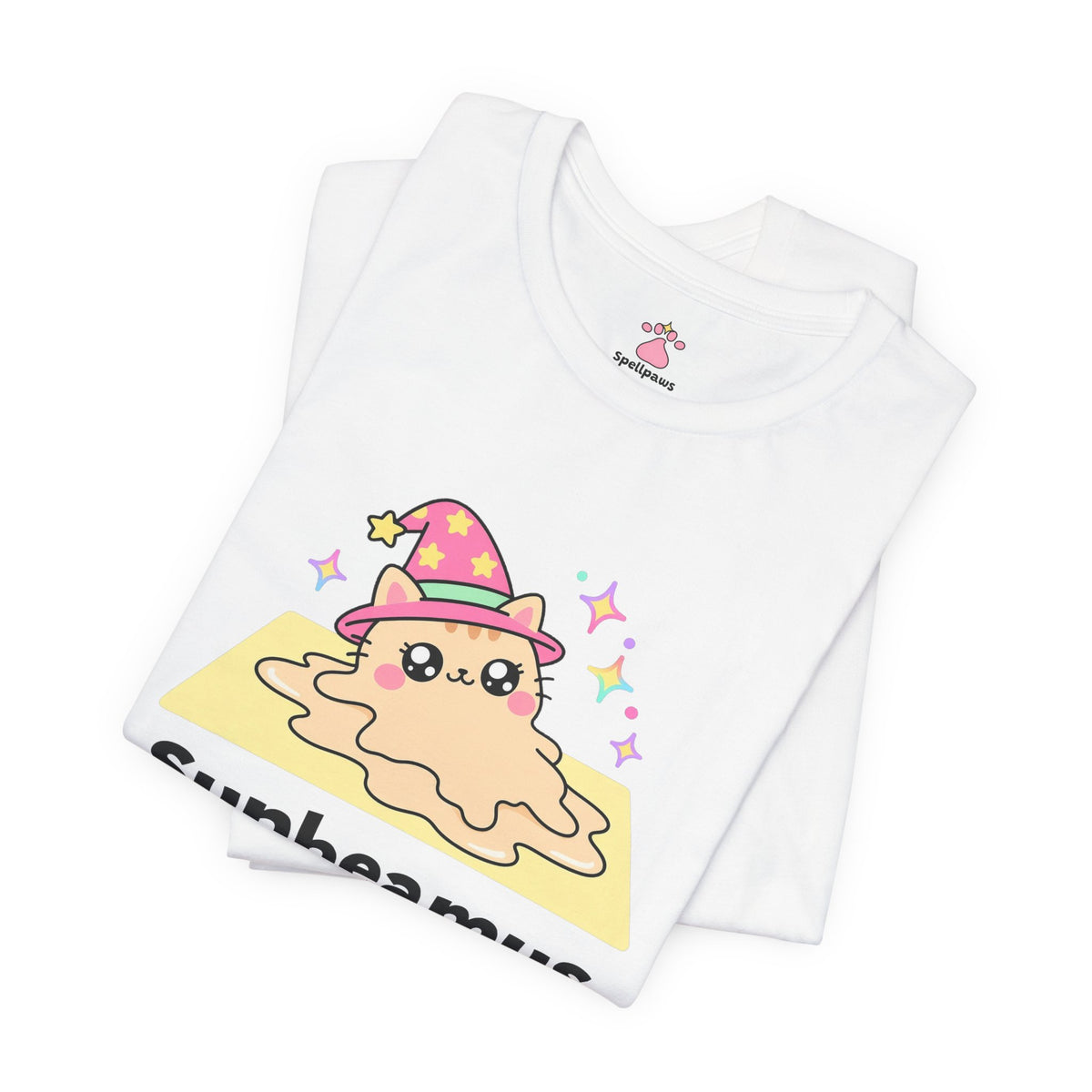 Wizard cat in a pink hat melted into a puddle inside a square sunbeam on the floor, Sunbeamus Meltus tee