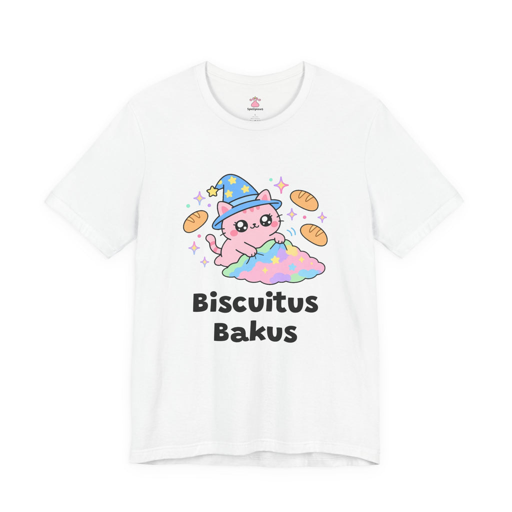 Pink wizard cat in a blue hat kneading a fluffy rainbow blanket with little bread loaves floating around, Biscuitus Bakus tee