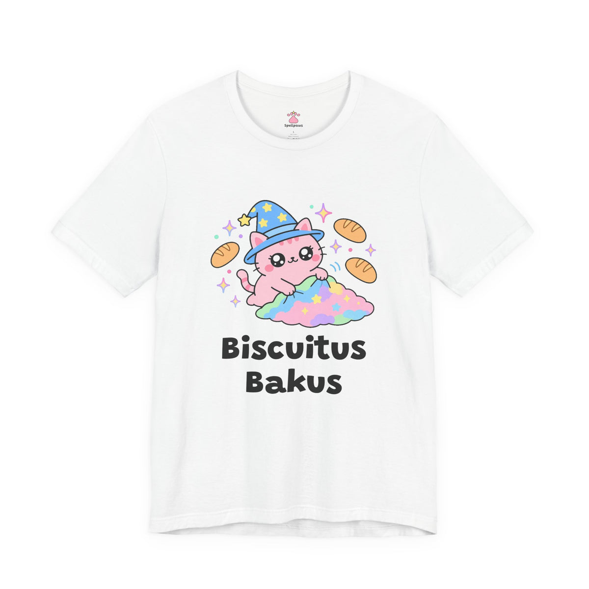 Pink wizard cat in a blue hat kneading a fluffy rainbow blanket with little bread loaves floating around, Biscuitus Bakus tee