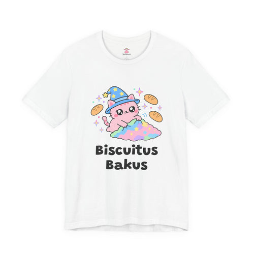 Pink wizard cat in a blue hat kneading a fluffy rainbow blanket with little bread loaves floating around, Biscuitus Bakus tee
