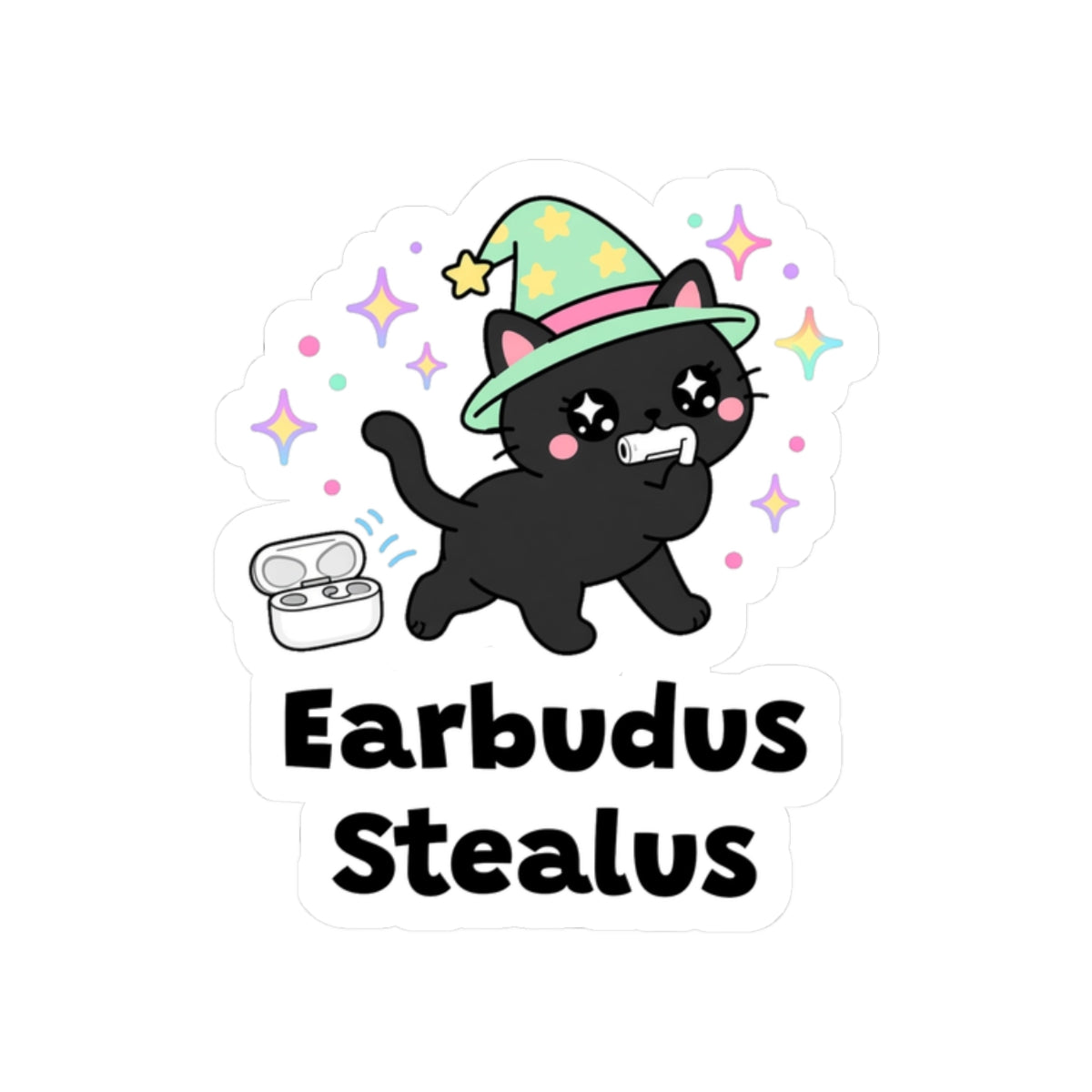 Earbudus Stealus kiss-cut vinyl sticker on a white background, size option 4: black wizard cat in a green hat stealing a wireless earbud from its case
