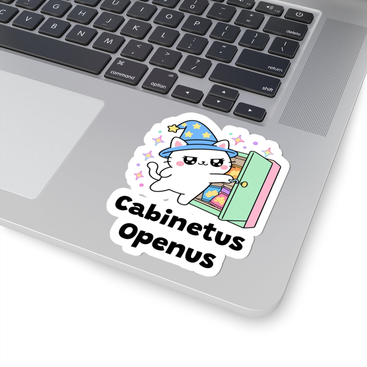 Cabinetus Openus wizard cat sticker stuck on a silver laptop next to the keyboard