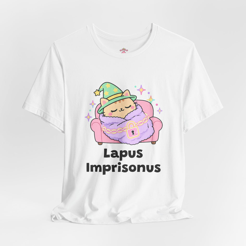 Sleepy wizard cat in a green hat curled up on a pink lap blanket held by a tiny padlock, Lapus Imprisonus tee