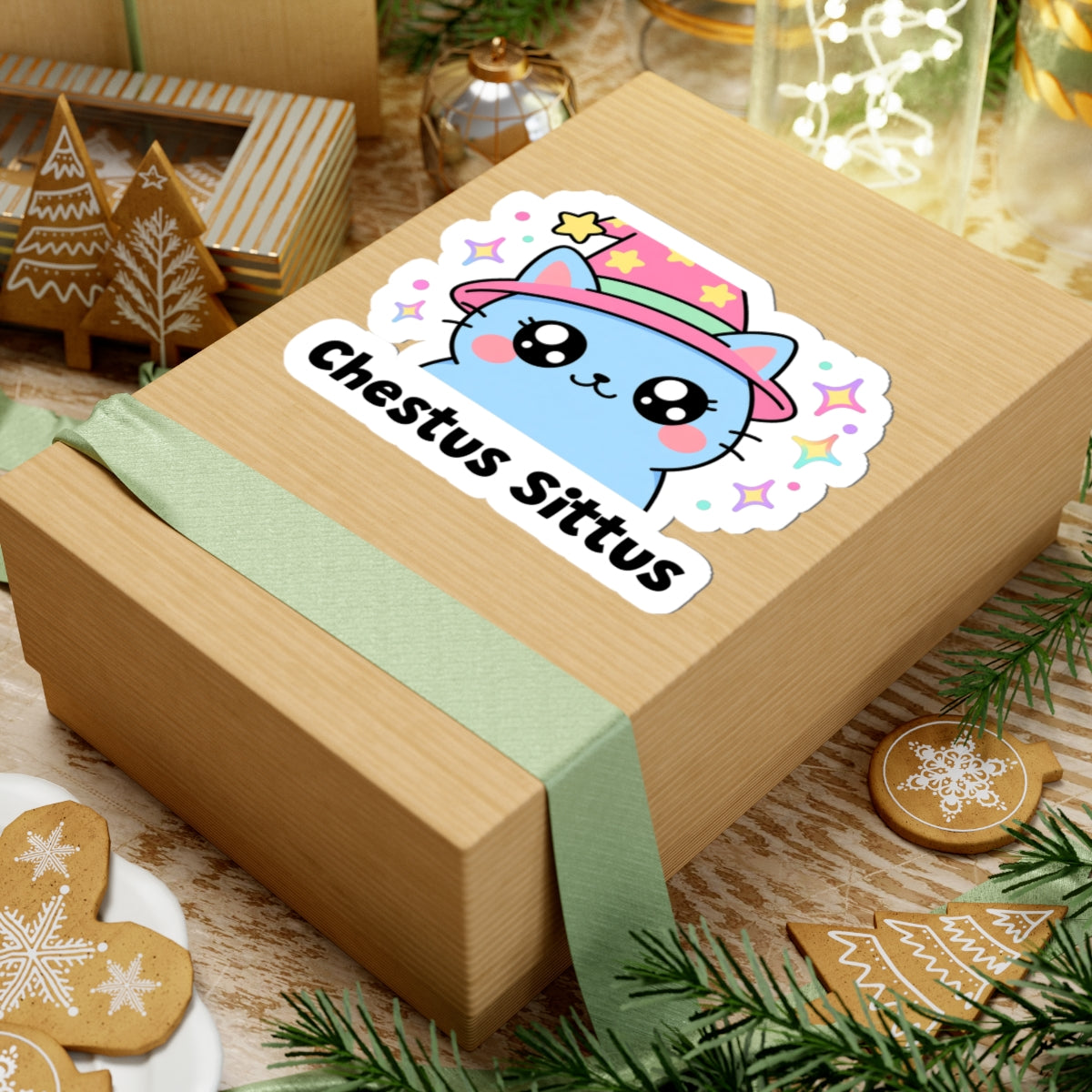 Chestus Sittus wizard cat sticker on a kraft gift box with a green ribbon and holiday cookies