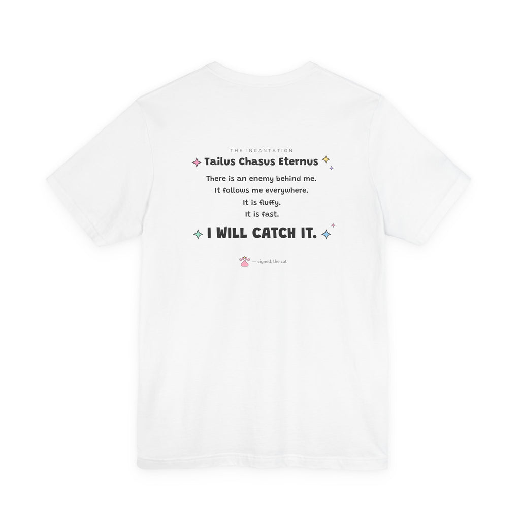 Green wizard cat in a pink hat spinning in a circle chasing its own tail, Tailus Chasus Eternus tee