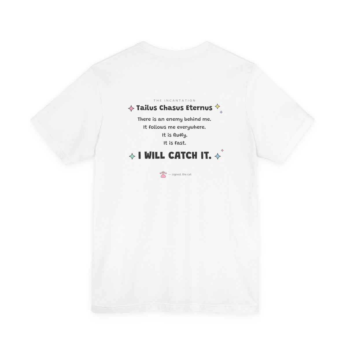 Green wizard cat in a pink hat spinning in a circle chasing its own tail, Tailus Chasus Eternus tee