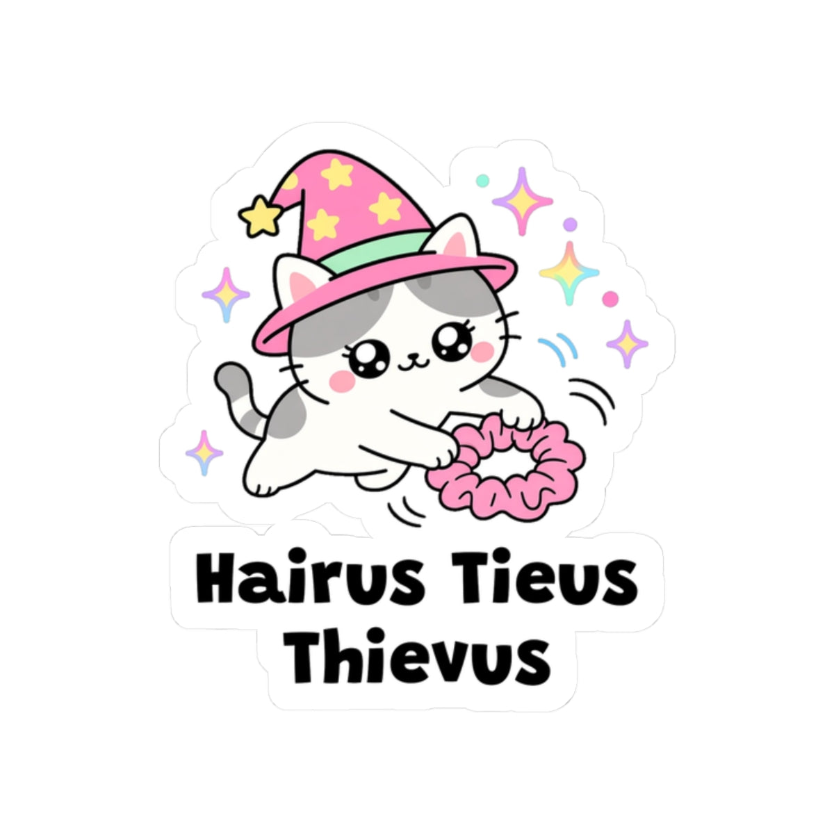 Hairus Tieus Thievus kiss-cut vinyl sticker on a white background, size option 4: white wizard cat in a pink hat batting a stolen pink hair tie