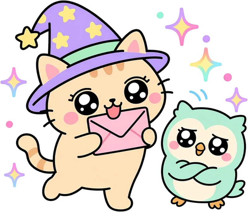 A wizard cat carrying an envelope while an owl looks offended