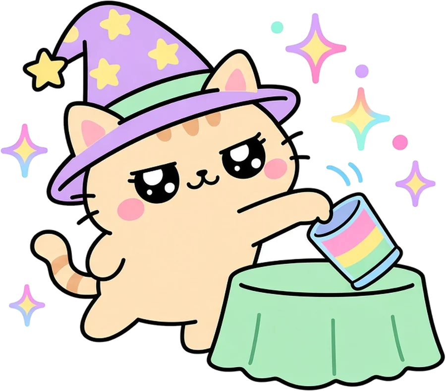A chubby wizard cat nudging a glass off a table